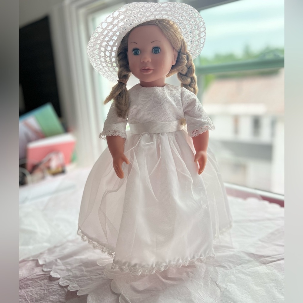 MINT BATTAT 18” Blonde Blue Eyed Doll never used White Lace Dress with Hat